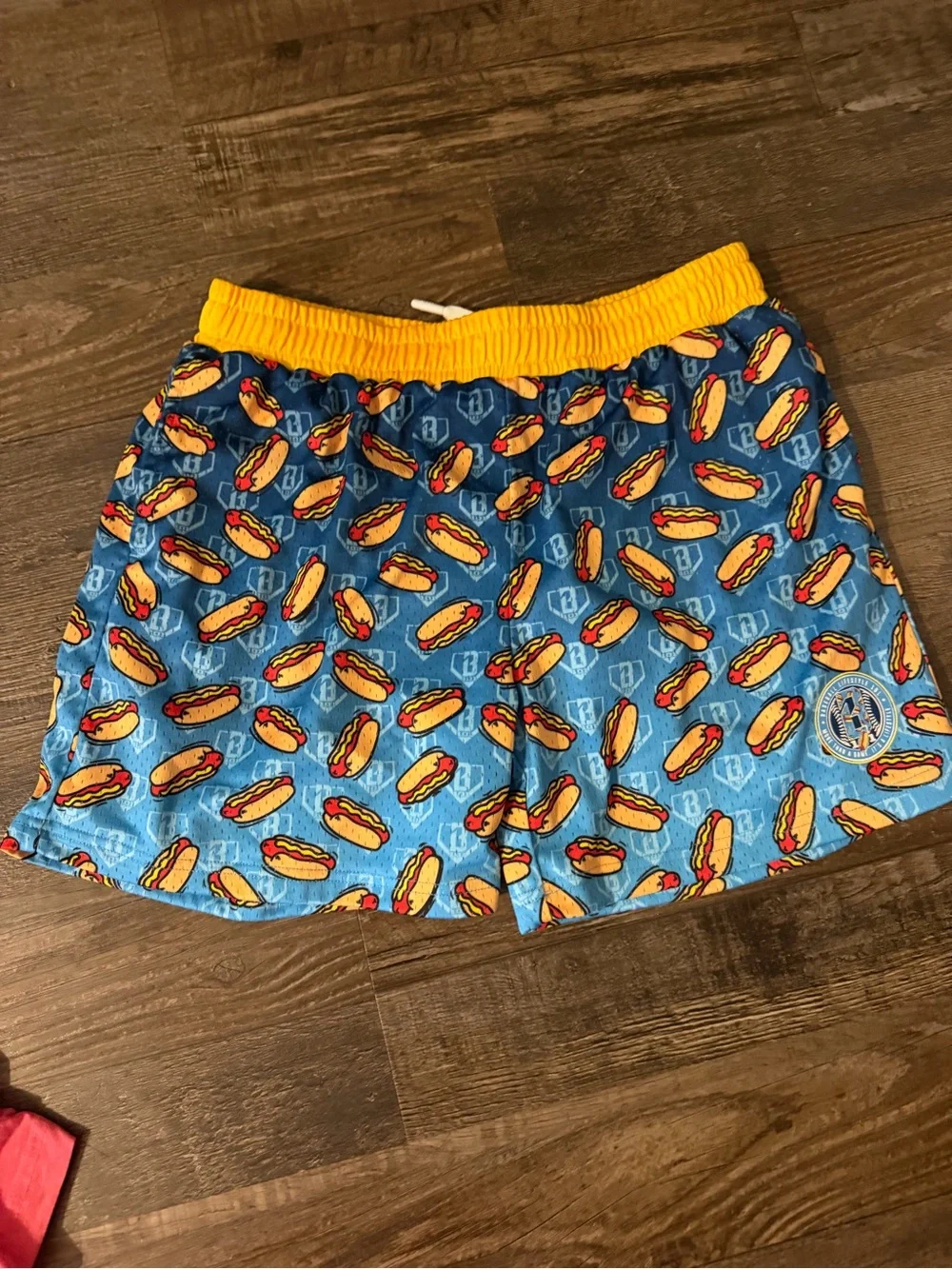 Blue Hot Dog Print Kids Shorts with Yellow Waistband